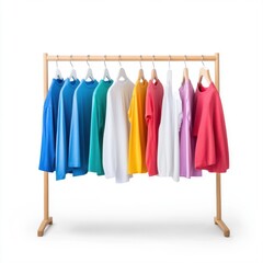 Colorful Array of Casual T-Shirts Hanging on a Wooden Rack
