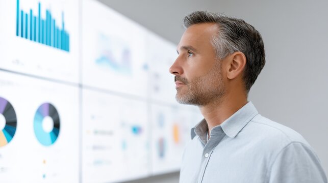 A Focused Analyst with charts examines comprehensive financial data, with an intent gaze analyzing statistical data displayed on large screens.