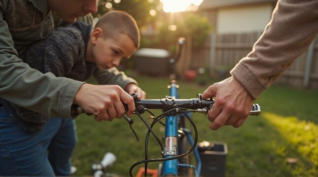 Father and son thoughtfully repair a bicycle together on the lawn, creating a heartwarming scene of family bonding and learning in the golden light of the afternoon.