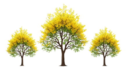Three Yellow Autumn Trees with Green Foliage and Brown Branches in a Row