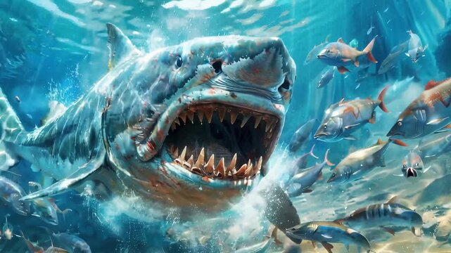 Big scary shark praying on small fish