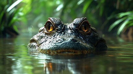 Fototapeta premium A close up photo of a fearsome alligator showing amber eyes floating in tranquil water