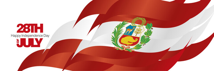 Peru Independence Day 28th of July banner. Bold typography lettering message 28th of July on Peru abstract flag ribbon background