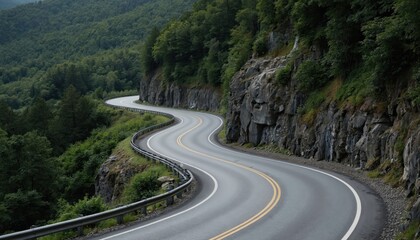 Fototapeta premium Winding road through rich, green forest landscape. Curving asphalt highway cuts through trees, disappearing into distance. Solitary car travels scenic route, surrounded by verdant foliage.