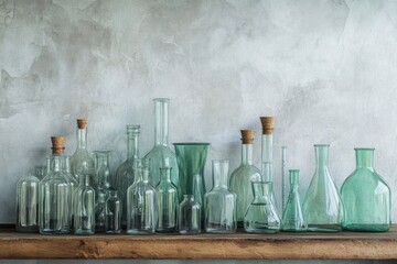 A collection of assorted vintage glass bottles and laboratory glassware arranged on a wooden shelf against a textured gray backdrop.