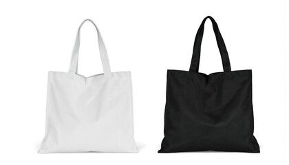 Eco-friendly canvas tote bags with handle. Black and white cotton bags for shopping. Reusable cloth totes for grocery. Blank templates for shopper. Sustainable, natural, minimal, visual illustration.