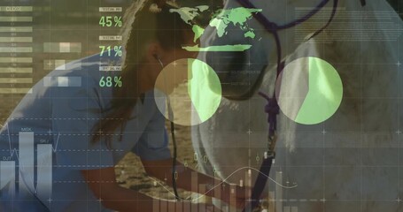 Veterinarian approaching horse and kneeling beside hoof, scraping while monitoring data overlay - Powered by Adobe