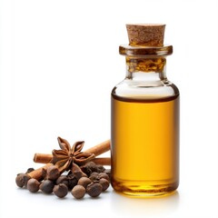 Glass bottle with cork containing aromatic spice essential oil and spices