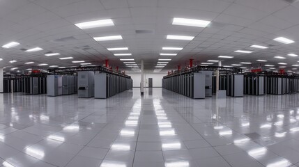 A modern data center showcases rows of powerful servers in a high-tech environment, evoking a sense of technological advancement. Reflective flooring and bright lighting enhance the sleek.