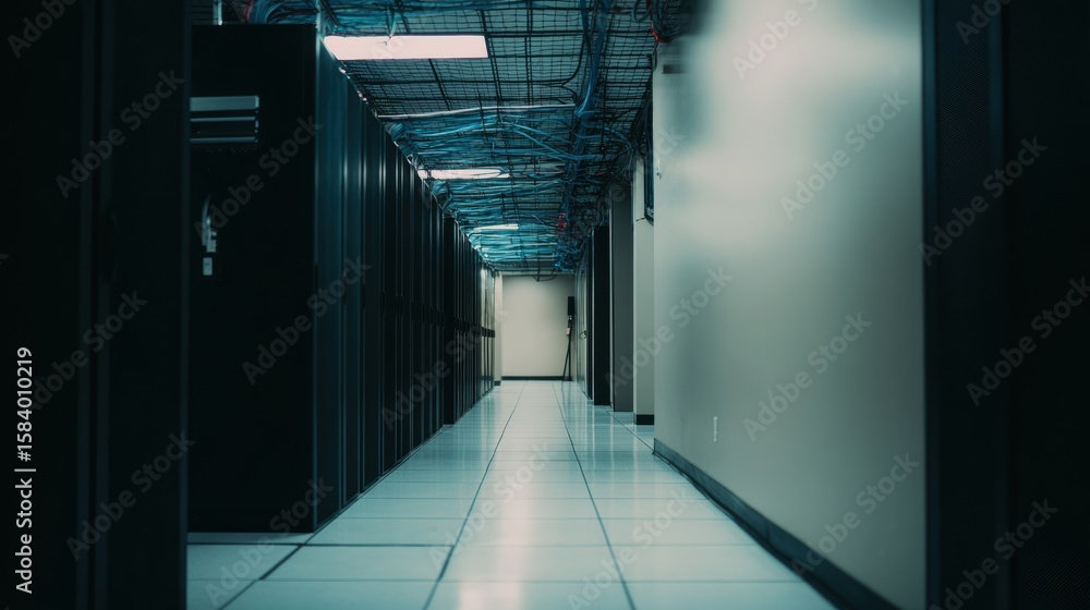 Poster a long, slightly illuminated corridor stretches deep into a high-tech server room, hinting at vast d
