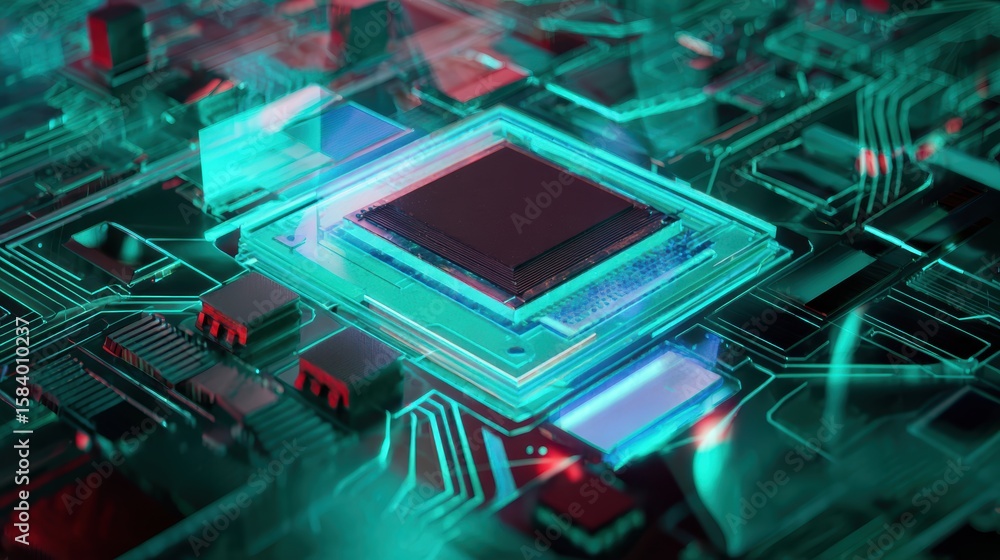 Poster an intricate close-up captures the mesmerizing glow of a high-tech microchip, illuminating the futur