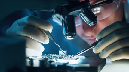 A scientist meticulously examines a microchip under a microscope, illuminated in a dramatic blue light, showcasing precision and technological expertise.