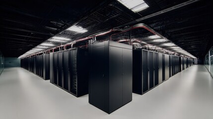 A panoramic view of a cutting-edge server room. showcases rows of powerful data servers and network infrastructure, suggesting modern technological power. 