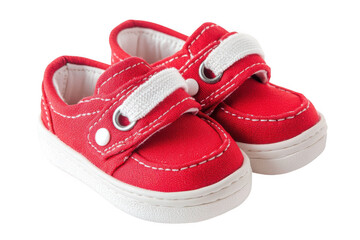 Bright red baby shoes with white accents isolated on a transparent background canvas