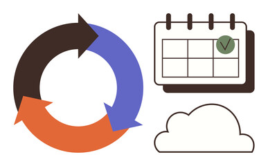Rotating cycle arrows, calendar with checkmark, and cloud highlight process repetition, task planning, and data storage. Ideal for productivity, scheduling, organization, workflow cloud integration
