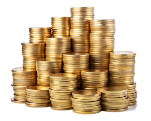 stacks of gold coins isolated on white background. PNG Transparent file type with high definition quality And vibrant color grading Available.