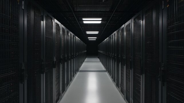 A modern data center hallway offers a glimpse into the heart of digital infrastructure, with rows of server racks receding into a vanishing point.