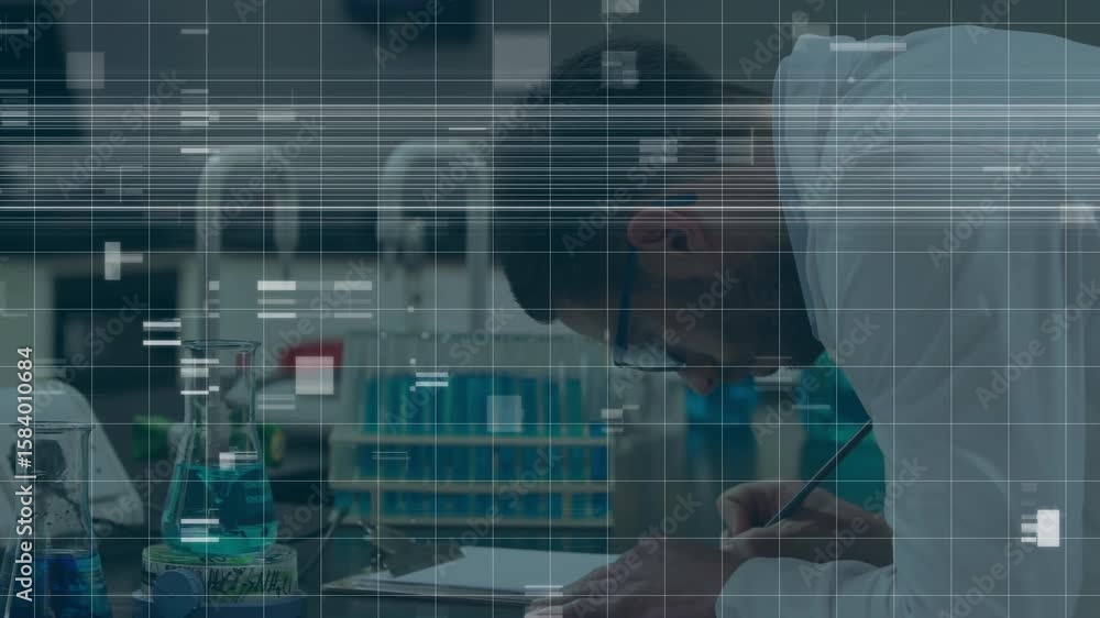 Poster digital grid overlay flickering revealing lab bench, technician writing data while inspecting flask