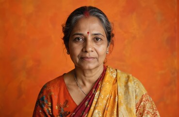 Indian woman in her 50s with warm smile. She wears vibrant yellow saree with white and gold patterns. Red headband rests atop her head. Gray sign placed behind her. Abstract orange background.