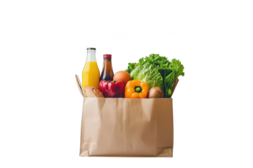 Brown paper bag filled with fresh produce and drinks isolated on a transparent background food
