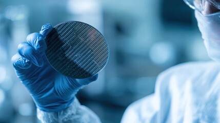 Close-up perspective of a scientist holding a semiconductor wafer in a sterile laboratory setting, emphasizing technology and precision. 
