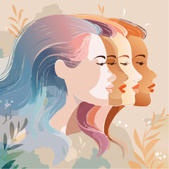 Watercolor illustration of four female portrait in layered side view, blending vibrant and soft color with brushstroke and floral detail. Artistic composition on beige background.