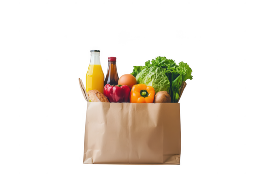 Brown paper bag filled with fresh produce and drinks isolated on a transparent background food - Powered by Adobe