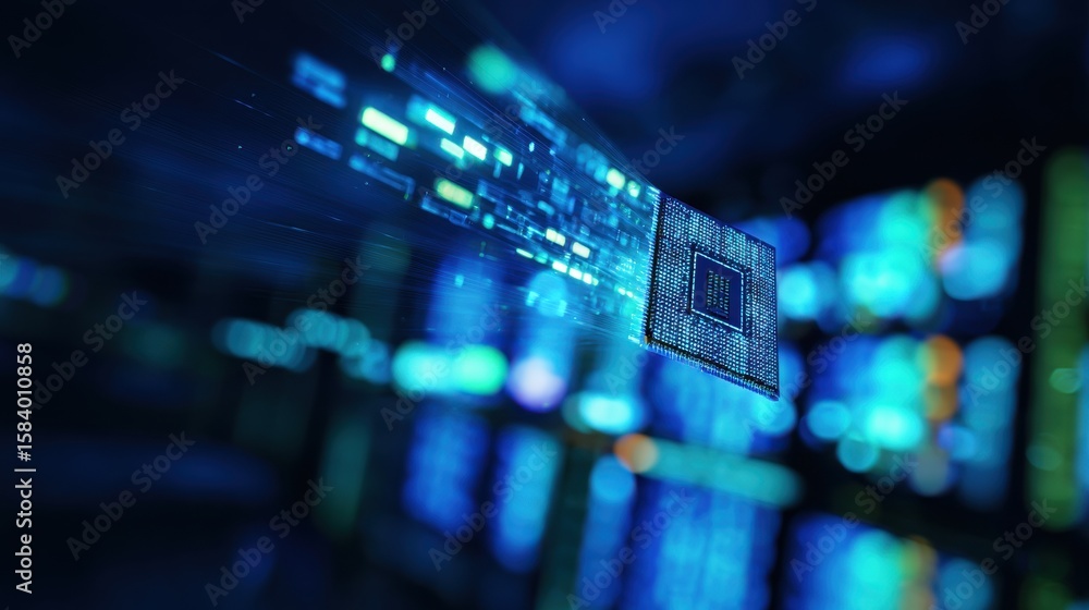 Poster a futuristic perspective: an abstract representation of a microchip speeding through a network of da