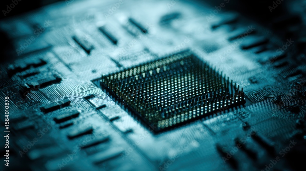Poster macro shot of a computer processor revealing intricate technological details. close-up shot of a cpu