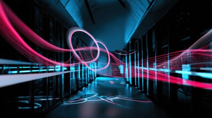 A modern server room pulses with the lifeblood of data, represented by vibrant, ethereal light trails weaving through rows of servers. The cool.