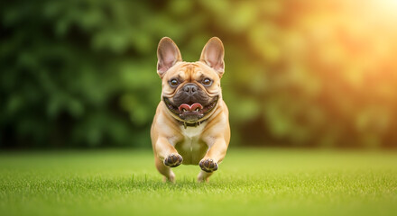 Fototapeta premium Happy French Bulldog Running on Grass with Sunlit Bokeh Background for marketing pet lifestyle brands, dog training services, pet adoption campaigns, or French Bulldog breed articles