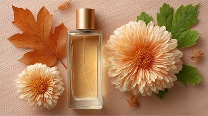 Elegant perfume bottle with flowers and autumn leaves on pastel background for fragrance branding.