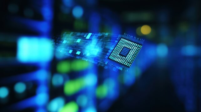 The futuristic technology, the electronic chip is flying in a blurred light tunnel, creating an eye-catching atmosphere.