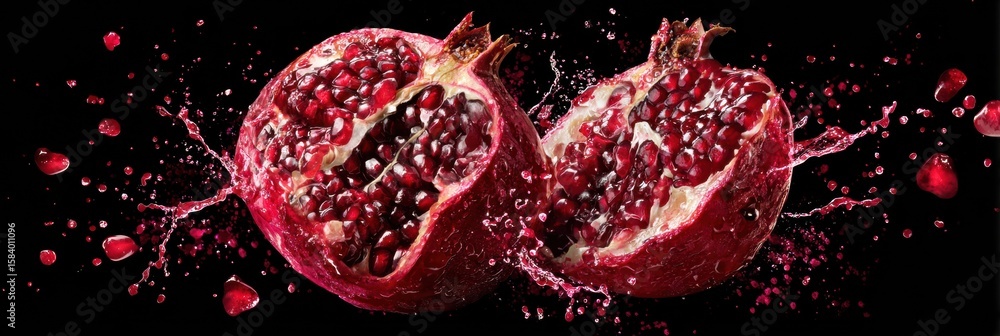 Poster juicy pomegranate bursting open with vibrant splatter effect against a dark background creating a st