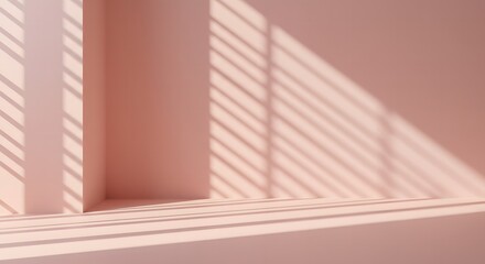 Obraz premium Minimalist pink room corner with sunlight casting striped shadows across the walls and floor surface