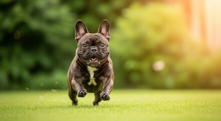 Happy French Bulldog  Running on Grass with Sunlit Bokeh Background for marketing pet lifestyle brands, dog training services, pet adoption campaigns, or French Bulldog breed articles