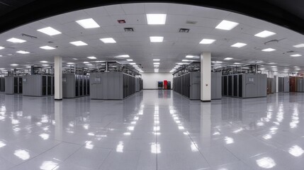 Data center server room with rows of powerful computer servers, high ceilings, and bright fluorescent lighting.
