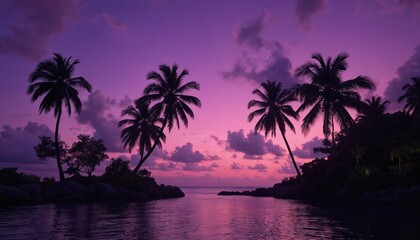Tropical sunset over calm water with purple sky, palm trees. Low angle shot emphasizes trees in foreground, adds depth to scene. Palm trees silhouetted against vibrant purple, pink hues of sunset.