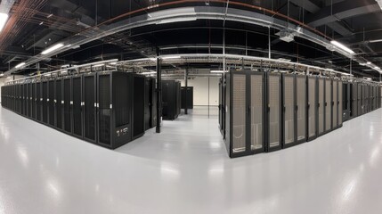 A modern data center, a testament to technological advancement. This expansive facility houses rows of servers, reflecting a hub of digital infrastructure and processing power.