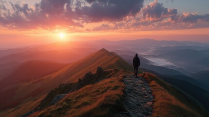 Hiker on mountain ridge trail at sunset with dramatic sky for outdoor adventure travel.