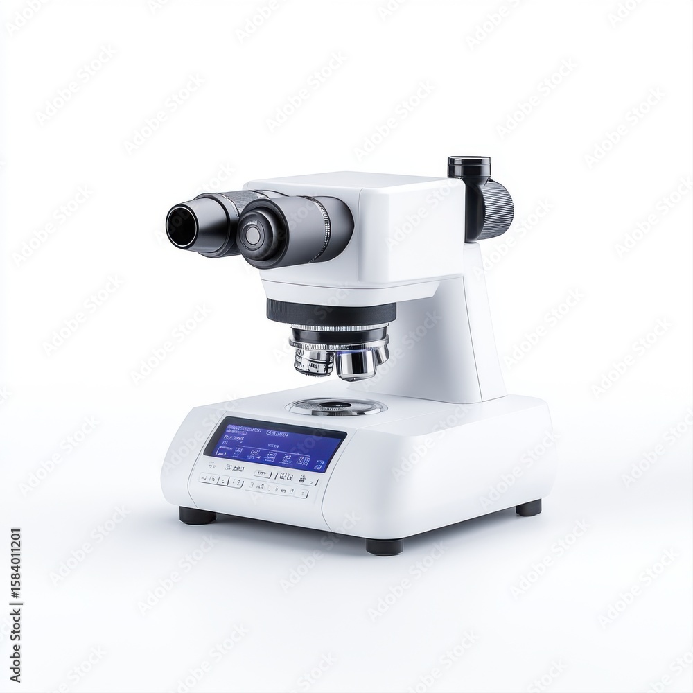 Poster modern laboratory microscope on minimalistic white background for science