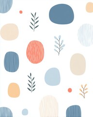 Seamless pastel abstract pattern with hand drawn shapes and leaves for modern backgrounds.