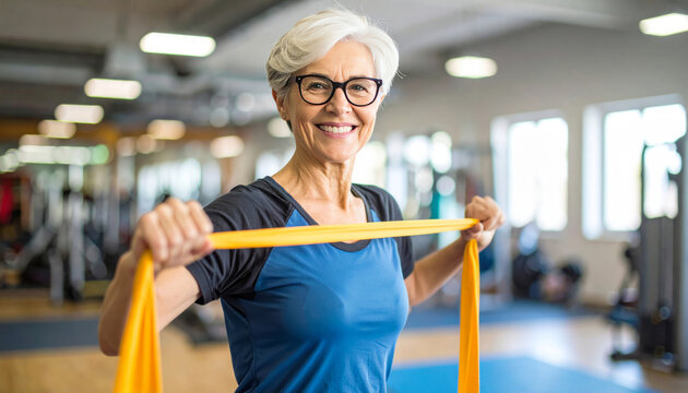 Mujer mayor con cabello blanco y gafas ejercit&aacute;ndose con banda, fondo luminoso que transmite empoderamiento, salud integral y envejecimiento activo