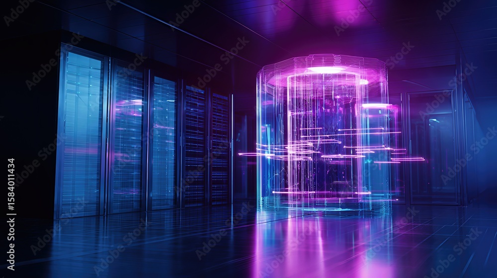 Poster a futuristic data center lit with neon lights, offering a glimpse into a high-tech server room. feat