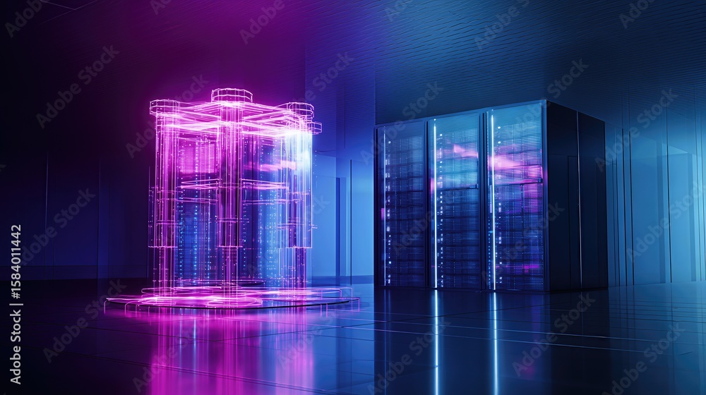 Poster a futuristic server room glows with neon light. a conceptual depiction of data storage, processing, 