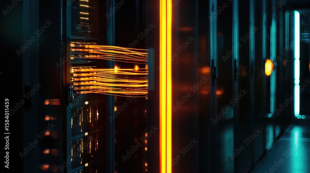 Poster illuminated server rack, with the inner glow of active processing, the interplay of technological in