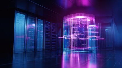A futuristic data center lit with neon lights, offering a glimpse into a high-tech server room. Featuring state-of-the-art technology, this image showcases the convergence of data and innovation. 