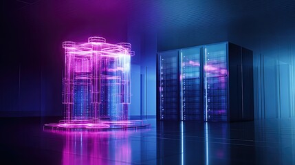 A futuristic server room glows with neon light. A conceptual depiction of data storage, processing, and the digital future, with server racks and glowing data streams.