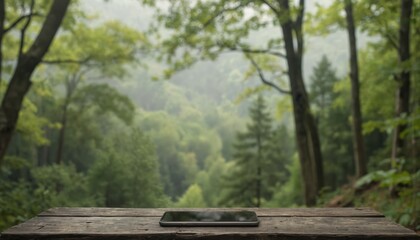 Obraz premium Smartphone rests on wooden picnic table in forest. Light brown table contrasts with lush green trees. Black device faces upwards. Forest background, trees frame scene with vibrant green leaves.