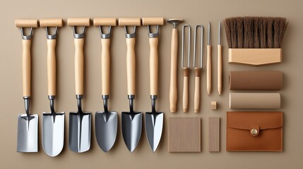 Set of gardening tools and accessories with wooden handles on neutral beige background.